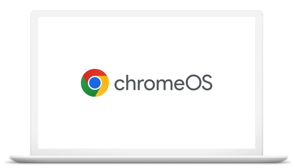 Image of a chromebook with the Chrome OS logo in the center of the screen